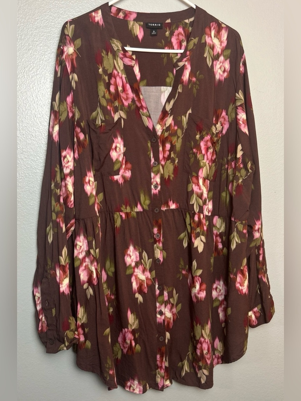 Torrid Size 3 (3X) Brown w Pink Flowers Button Up Baby Doll Top Long Sleeve
